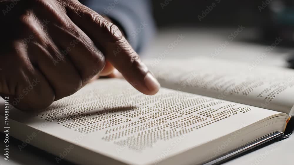custom made wallpaper toronto digitalClose up view of an african american person's hand with a visual impairment using their finger to read a book written in the braille alphabet, showcasing the tactile writing system for the blind