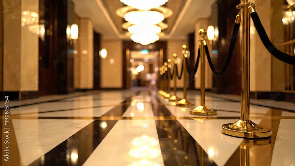 custom made wallpaper toronto digitalCamera smoothly gliding through a lavish hotel lobby corridor, revealing elegant marble floors, brilliant chandeliers, and exclusive velvet rope stanchions lining the grand pathway