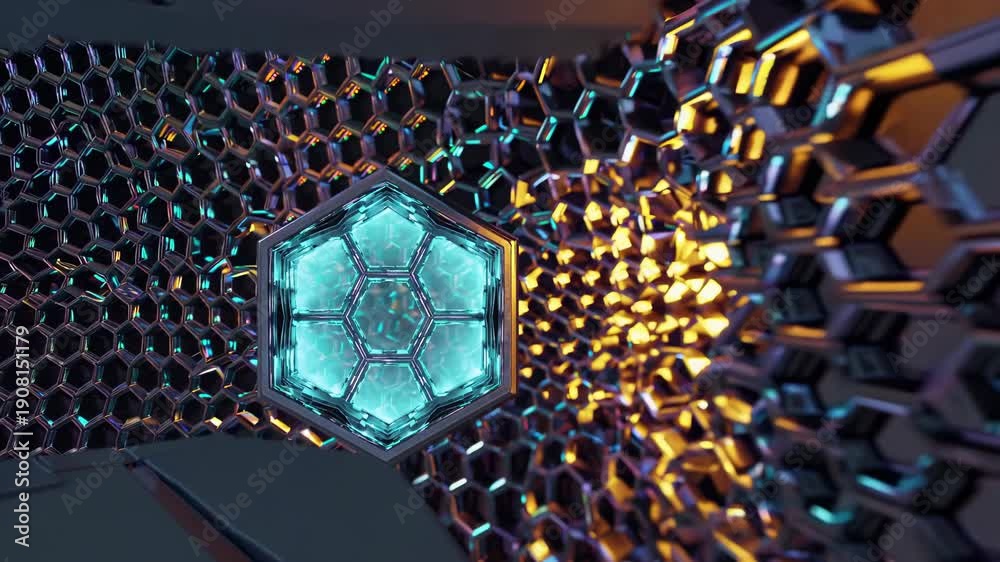 custom made wallpaper toronto digitalLuminous hexagonal probe moving through a complex. Reflective honeycomb lattice. Representing concepts like data processing. Nanotechnology. Artificial intelligence. And advanced scientific research