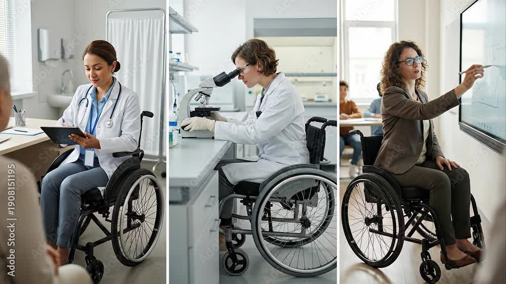 custom made wallpaper toronto digitalDisabled professional women in wheelchairs working as a doctor, a scientist in a laboratory using a microscope, and a teacher giving a lesson to students in a classroom