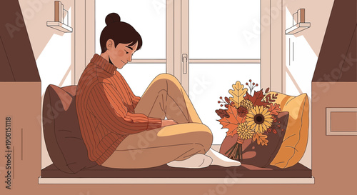 Woman Relaxing by Window with Autumn Flowers and Cozy Pillows