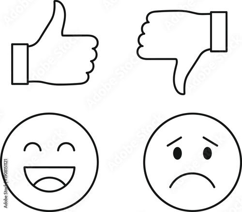 Black line of thumbs up and down hand gestures and happy and sad faces thumbs down