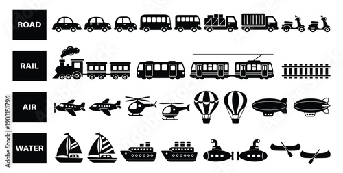 Black outline transport icon set with car, bus, truck, train, airplane, helicopter, hot air balloon, ship and bicycle pictograms, vector Isolated on white background