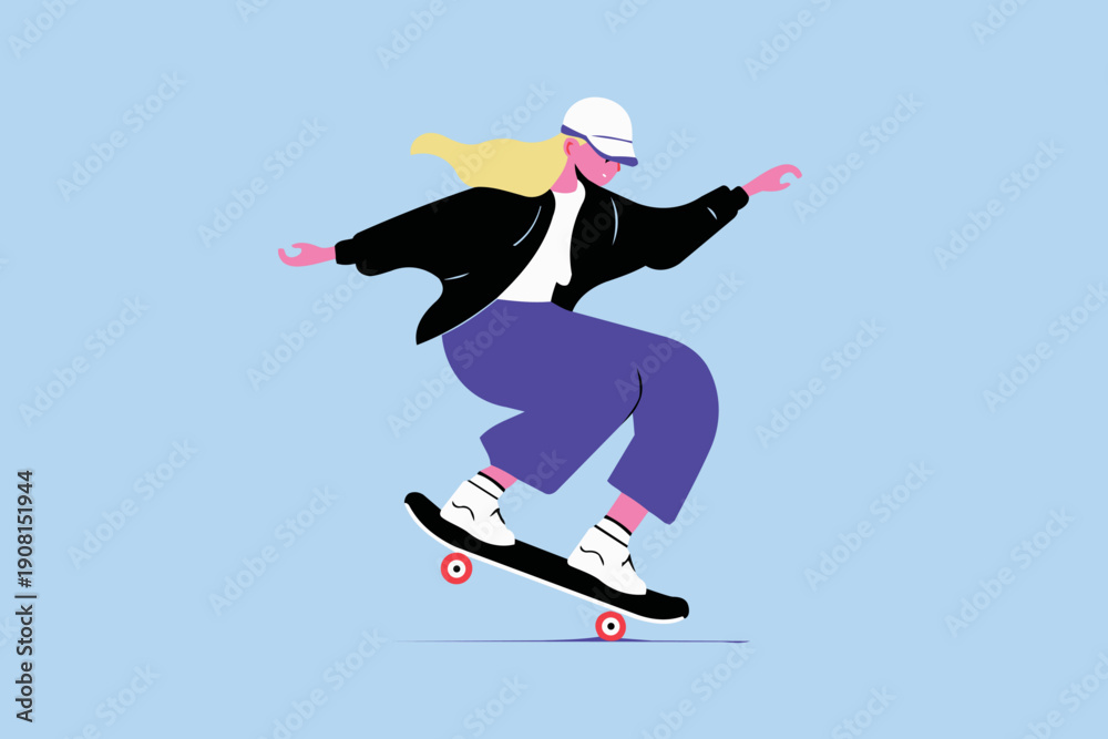 Obraz premium Female Skateboarder Performing Balance Trick Urban Flat Illustration