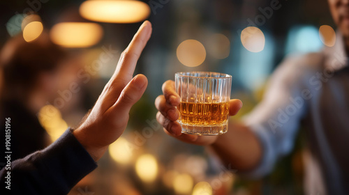 Hand making refusal gesture to alcoholic beverage person declining drink offer from friend showing sobriety choice with alcohol rejection shown clearly social environment with