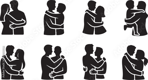 Silhouettes of diverse couples embracing with love and affection in various romantic poses