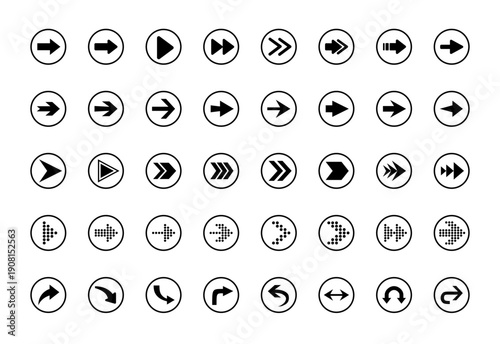 Arrow black button icon set. Arrow shape element icon. Target arrow vector illustration. Black arrow pointing right. Cursor. Modern simple arrow.