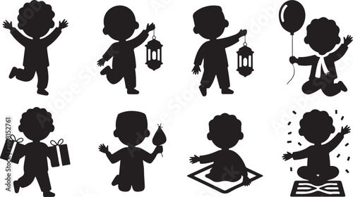 Silhouettes of young Muslim children celebrating festive occasions like Eid with lanterns, gifts, and prayer