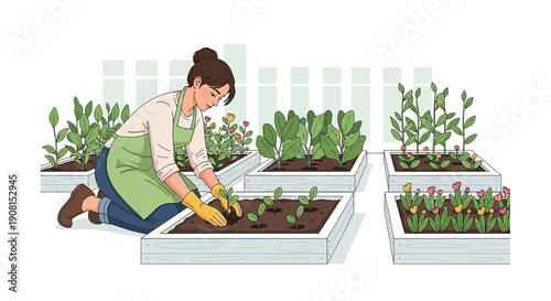 Woman planting seedlings in raised garden beds, illustration