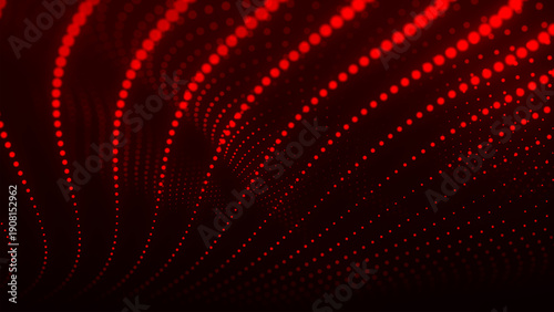 An abstract digital wave of particles. Dark background. Red glowing dots align in undulating arcs, creating an abstract flow of energy. Vector.