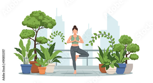 Woman Practicing Yoga on Rooftop Garden with Cityscape Silhouette