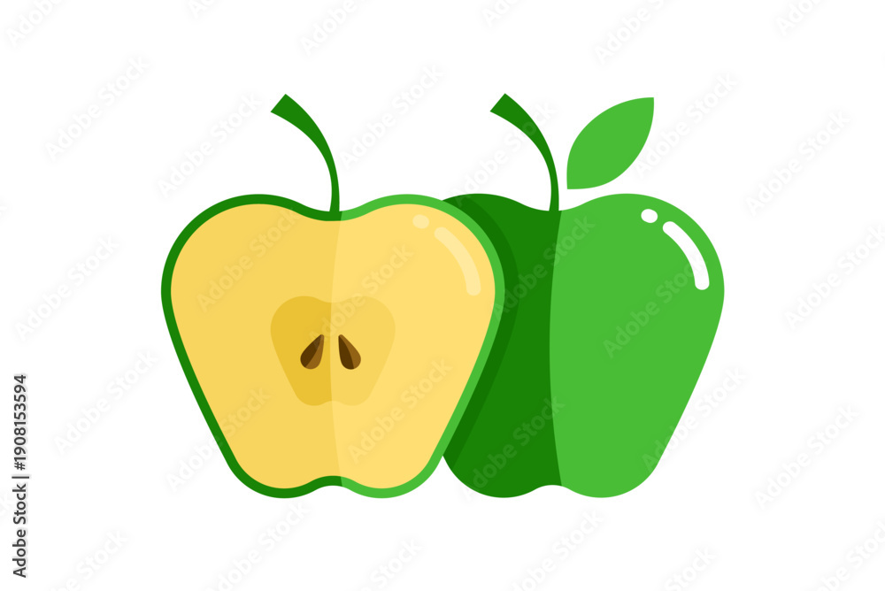 Fototapeta premium Green apple with half slice and seeds, vector illustration