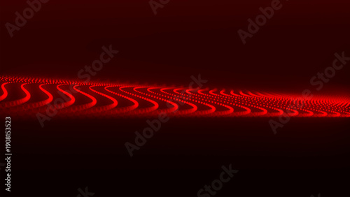 An abstract digital wave of particles. Dark background. Red glowing dots align in undulating arcs, creating an abstract flow of energy. Vector.