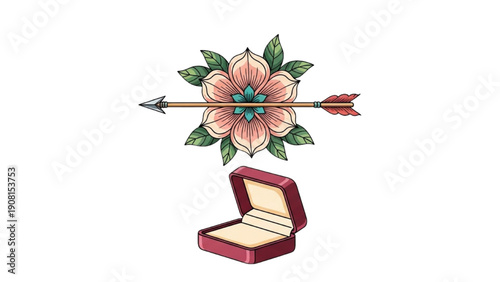 A red jewelry box with an open lid and a flower with an arrow through it