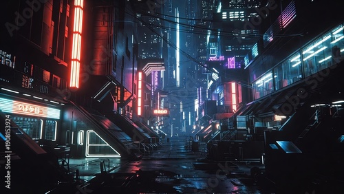 Cyberpunk futuristic city street at night, neon glowing metropolis with blue and red lights, sci-fi urban landscape with high-tech architecture