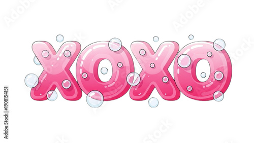 Pink bubble letters spelling XOXO surrounded by bubbles, a symbol of love and affection, viewed from the front.