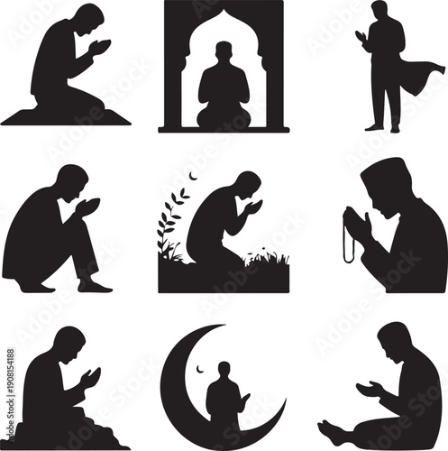 silhouette of people praying in various positions and locations