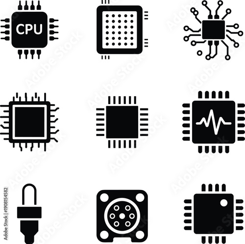 Black and white of various computer chips and microprocessors circuit