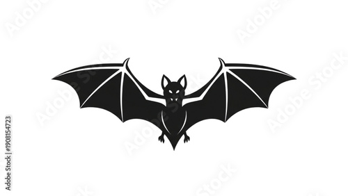 Black bat flying directly towards the viewer with wings fully outstretched in a simple illustration
