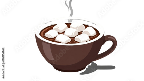 A steaming cup of hot chocolate with marshmallows viewed from the side on a table in a cozy cafe