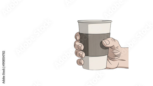 Hand holding a disposable coffee cup, illustrated from the side, showcasing fingers wrapped around the cup.