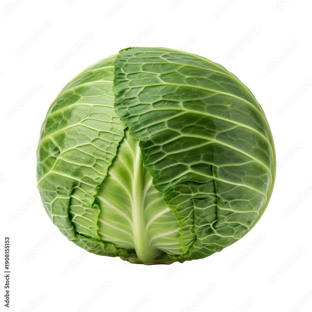 Fototapeta premium A vibrant emerald green cabbage with crisp leaves, isolated on a transparent background with subtle shadow, photorealistic, macro lens, high-key studio light, healthy food concept