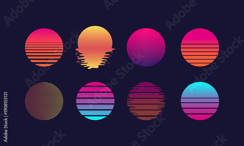 Vector set of retro futuristic sun icons in 80s style. 8 neon sun elements with horizontal scan lines, gradient circles, striped sunsets and abstract glowing spheres. Perfect for retrowave, synthwave.