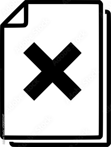 Document rejection icon featuring cross mark symbol for error cancel and forbidden invalid status – Black and White Vector Illustration