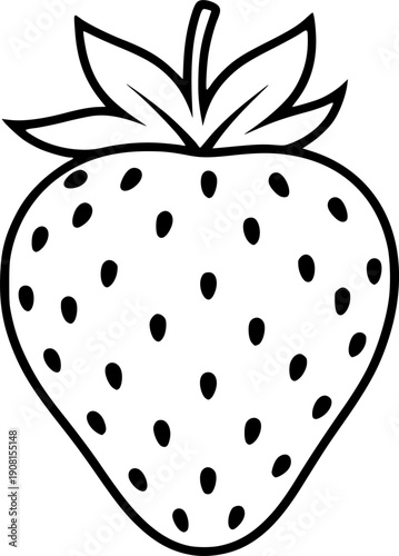 Strawberry fruit outline with seeds and leaf for minimalist healthy berry and sweet food design – Black and White Vector Illustration