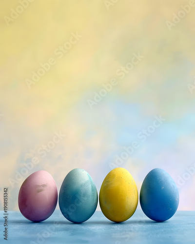 Four pastel-colored decorative eggs arranged in a row on a blue surface with a soft, blurred background featuring light yellow and blue hues