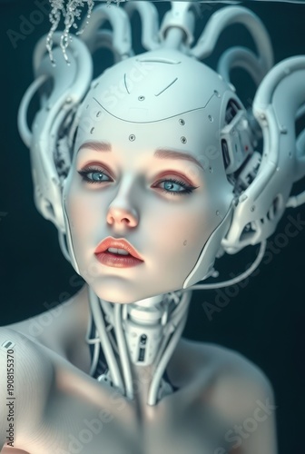 Submerged futuristic android in teal water with floating bubbles