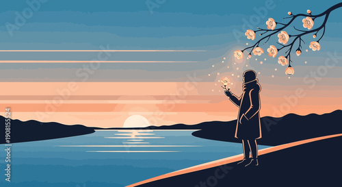 Woman on Hilltop Watching Sunset with Cherry Blossom Branch