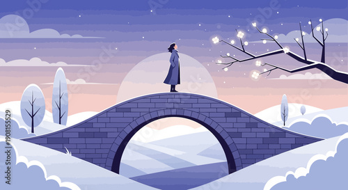 Woman on bridge, winter landscape, snow, twilight, hope, new beginnings