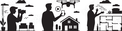 Silhouette of people using technology for photography and remote house inspection