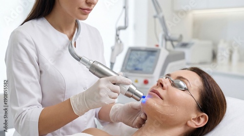 Woman receiving professional laser facial treatment, perfect for medical spa websites, dermatology brochures, beauty industry marketing, and professional skincare educational content