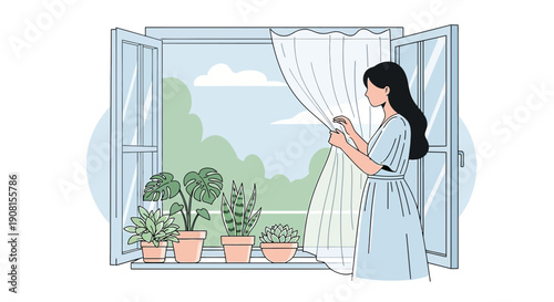 Woman opening curtains on a window with potted plants and a garden view