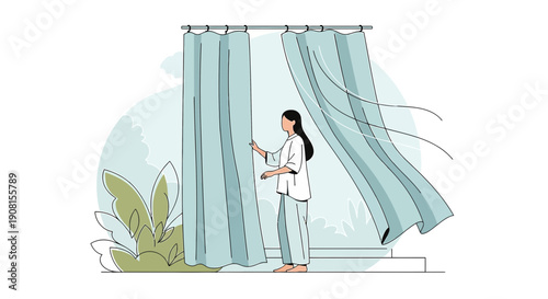 Woman Opening Curtains to Reveal a Bright, Fresh Scene