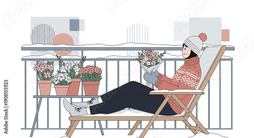 Woman on balcony with flowers in winter, enjoying a peaceful moment