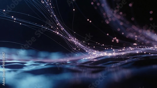 Glowing particles and light trails flow over a dark and wavy abstract digital landscape.