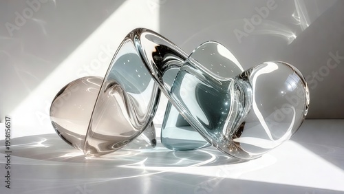 Abstract glass sculpture with fluid wave-like forms and light reflections on a white surface