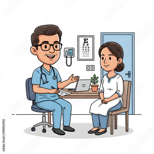Indian doctor consulting patient in clinic, friendly vector caricature