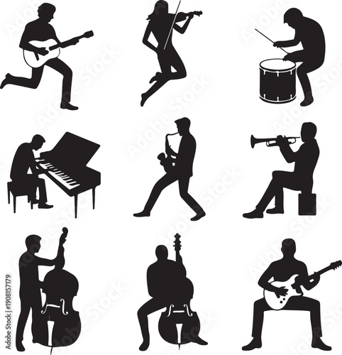 Silhouettes of musicians playing various instruments on white background