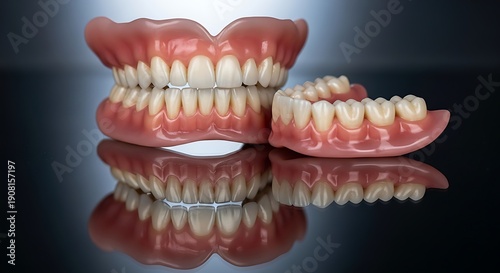 Realistic full upper and lower complete dentures display realistic artificial teeth set.