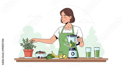 Woman making healthy smoothie with fresh fruits and plants
