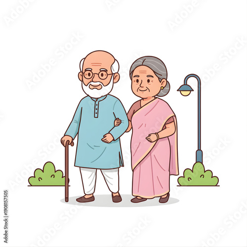 Indian elderly couple walking in park, peaceful mood, vector caricature