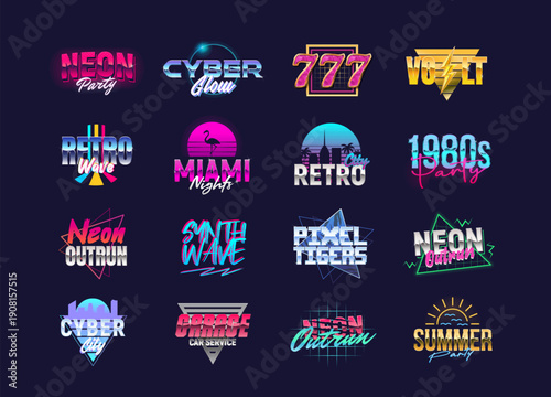Set of retro futuristic logos in Retro Neon 80s style. Vaporwave and synthwave logo designs for night club, casino, music album, party invitation, t shirt print. Vector illustration.