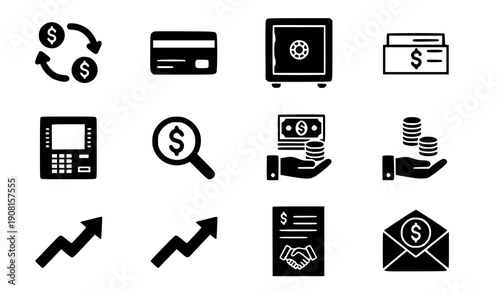 Solid finance and banking vector icon set with dollar exchange credit card and ATM