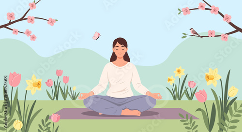 Woman Meditating Outdoors in Spring Garden Surrounded by Flowers and Cherry Blossoms