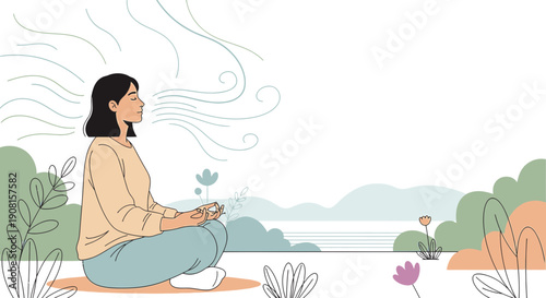 Woman Meditating Outdoors, Peaceful Nature Scene, Deep Breathing and Calm