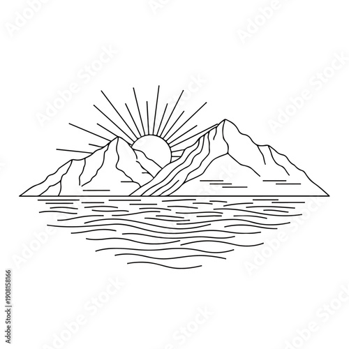Minimalist line art illustration capturing the serene beauty of a mountain landscape with a radiant sun rising over tranquil waters, perfect for nature-inspired designs and branding